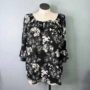 Torrid Floral 3/4 Length Bell Sleeve Gorgette Flowy Blouse Black White Sz 2X